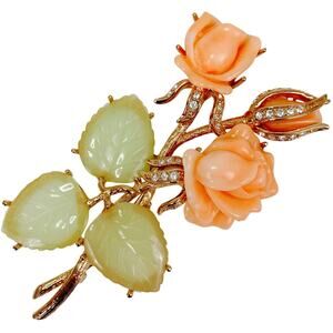 Nolan Miller Ann Margaret Faux Coral & Jade Rose Brooch Pin Rhinestones Large